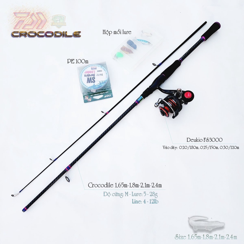 Bộ cần câu lure đứng carbon Crocodile máy câu Deukio FS3000 tặng bộ mồi câu