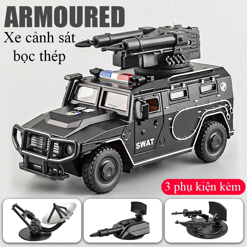 Mô hình xe ô tô cảnh sát bọc thép có 5 đèn và nhạc bằng hợp kim kèm 5 bộ phận thay thế chạy cót