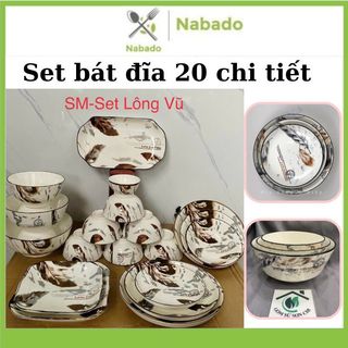 Bộ tô bát chén đĩa đũa gốm sứ 20 chi tiết họa tiết lông vũ đồ sứ decor tráng men cao cấp