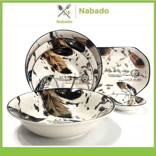  Bát tô đĩa gốm sứ hoa văn lông vũ Dĩa dùng đựng thức ăn chịu nhiệt tốt có thể quay lò vi sóng 
