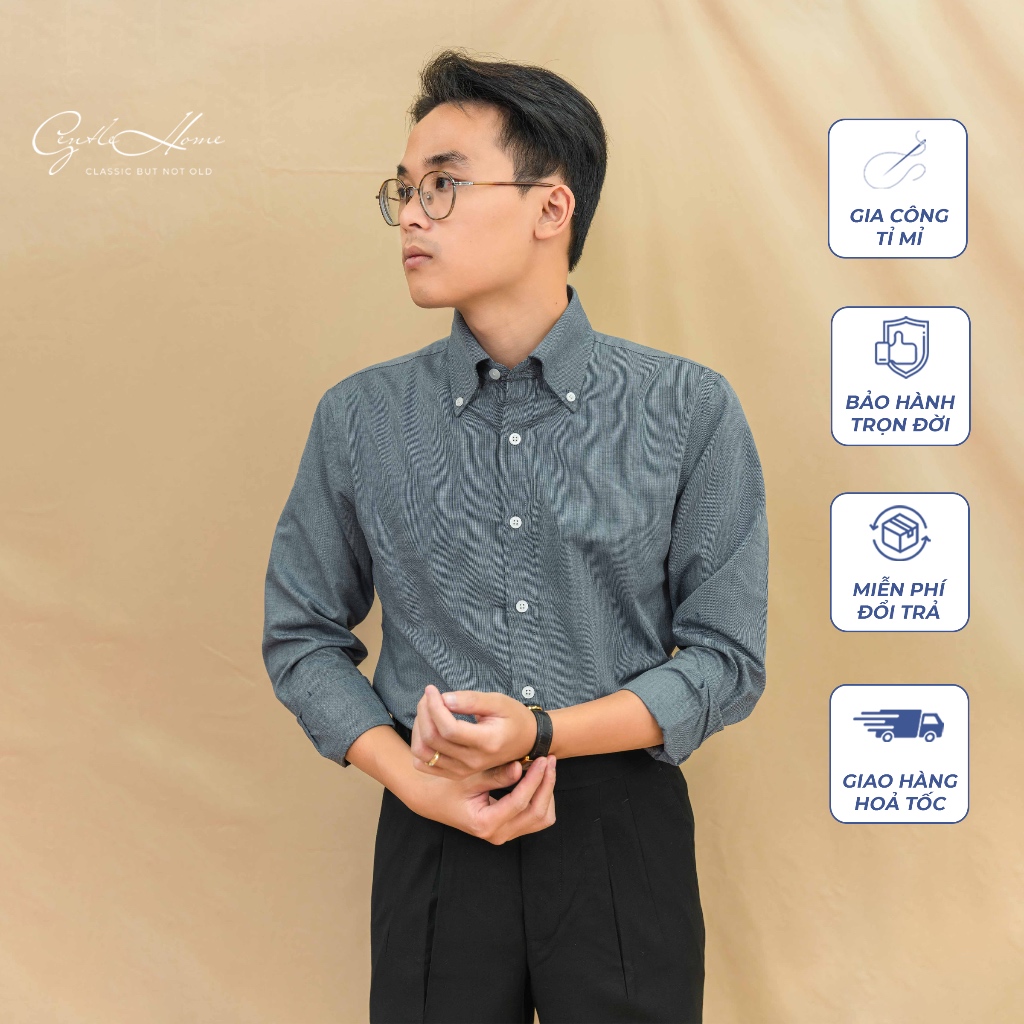 Áo Sơ Mi Nam cổ Buttondown GENTLE HOME màu xám cao cấp vải cotton chống nhăn tốt công sở