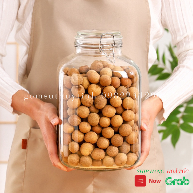 Hũ thủy tinh/ Bình thủy tinh dáng vuông nắp cài khóa inox 3000ml đựng thực phẩm