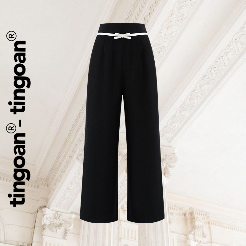 TINGOAN® - Quần culottes dài cạp cao đen phôi dây nơ trắng kéo khóa lưng /BL