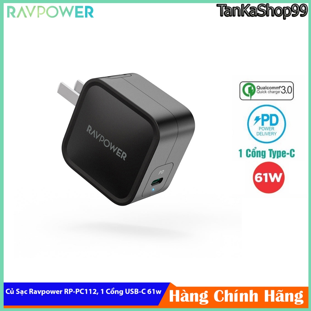 Củ Sạc Ravpower RP PC112 , 1 USB-C 61W PD 3.0, Công Nghệ GaN Sạc Nhanh Điện Thoại Laptop Máy Tính Bảng