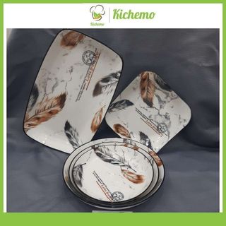 Bát đĩa gốm sứ hoa văn lông vũ Tô Dĩa dùng đựng thức ăn chịu nhiệt tốt quay lò vi sóng