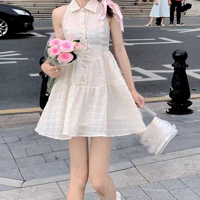 đầm nữ tiểu thư đan nơ màu be nơ hồng phong cách hàn quốc GUBOCLN1