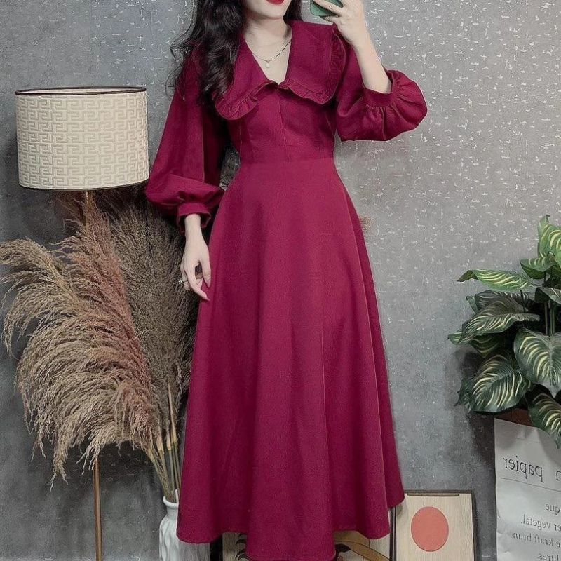 Váy nhung cổ bèo sen bo tay dài xinh xắn hàng đẹp cao cấp