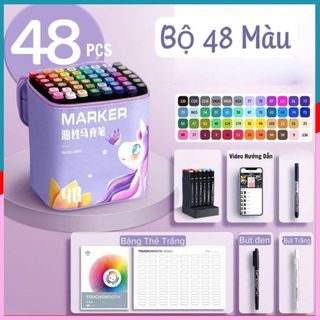 Bộ bút dạ 2 đầu 48 cây marker bút lông 48 màu cao cấp,túi da bền đẹp tặng kèm 2 bút hightlight