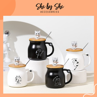 Cốc ly sứ hình mèo cute có nắp gỗ, kèm thìa, dung tích 350ml Cốc Cốc họa dùng để uống nước, trà, cà phê, quà tặng