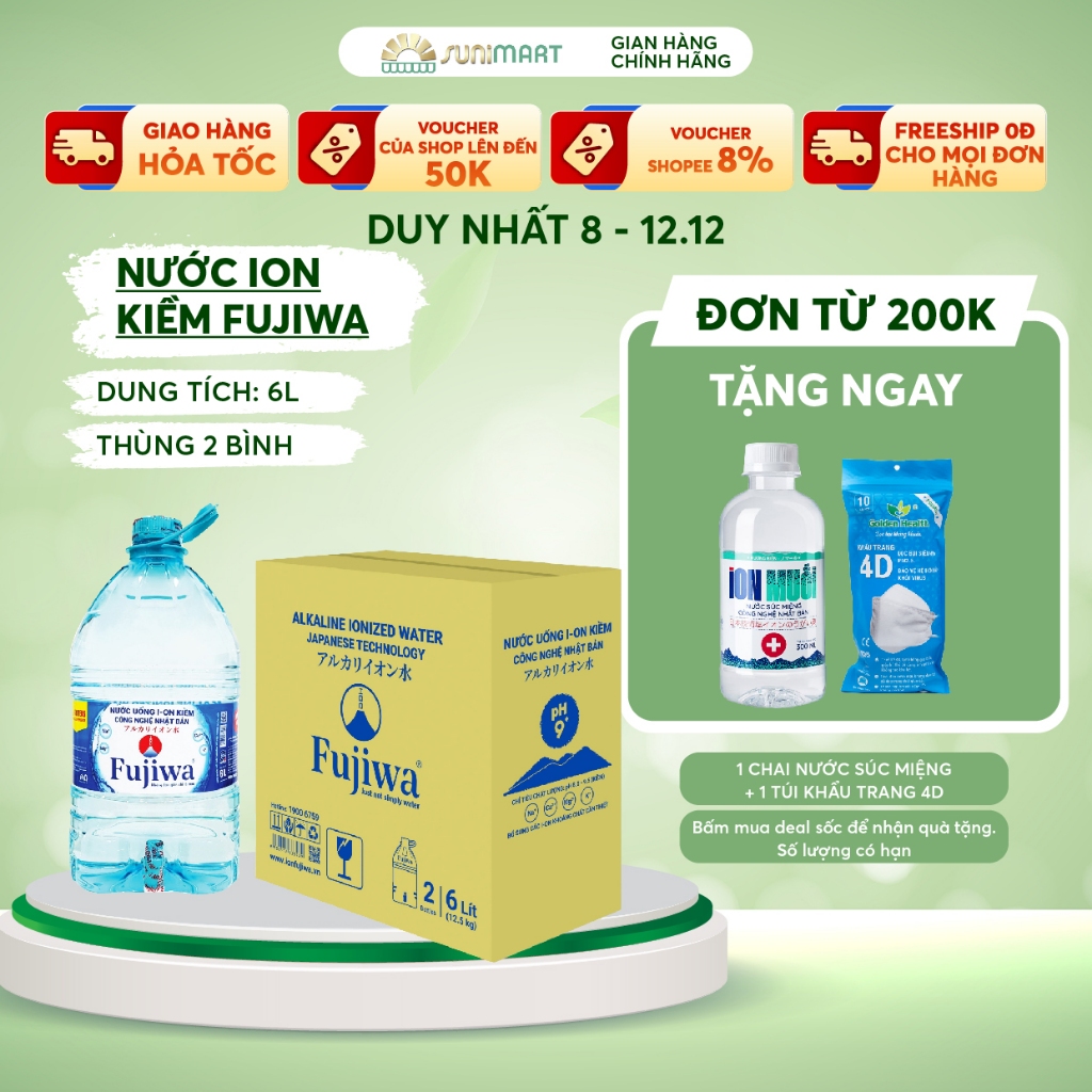 Nước uống ion kiềm Fujiwa 6L có vòi Sunimart- 2 bình/Thùng