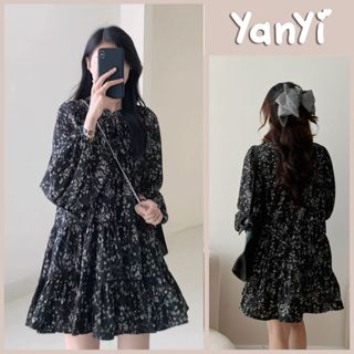 Đầm Váy Hoa Nhí Dài Tay Màu Đen Váy Babydoll Dáng Xòe Váy Hoa Dáng Rộng Thu Đông Phong Cách Hàn Quốc YanYi