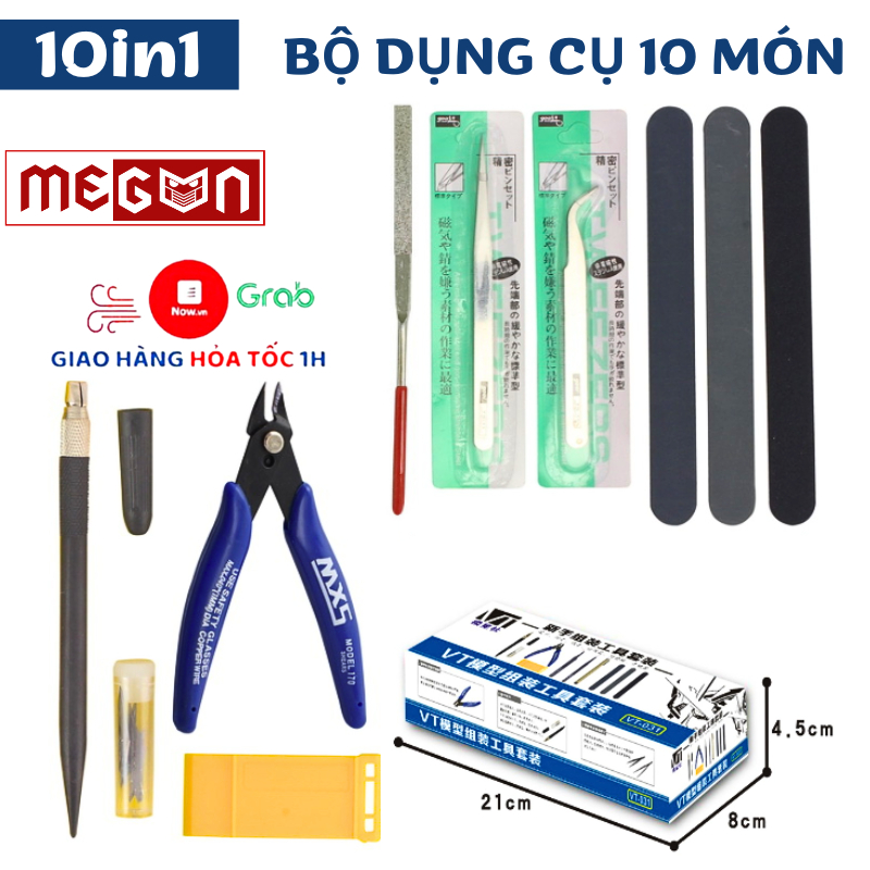 Bộ dụng cụ lắp ghép mô hình 10 món, kìm cắt, nhíp sửa chữa trang trí đồ dùng vật dụng tiện ích mô hình Megun