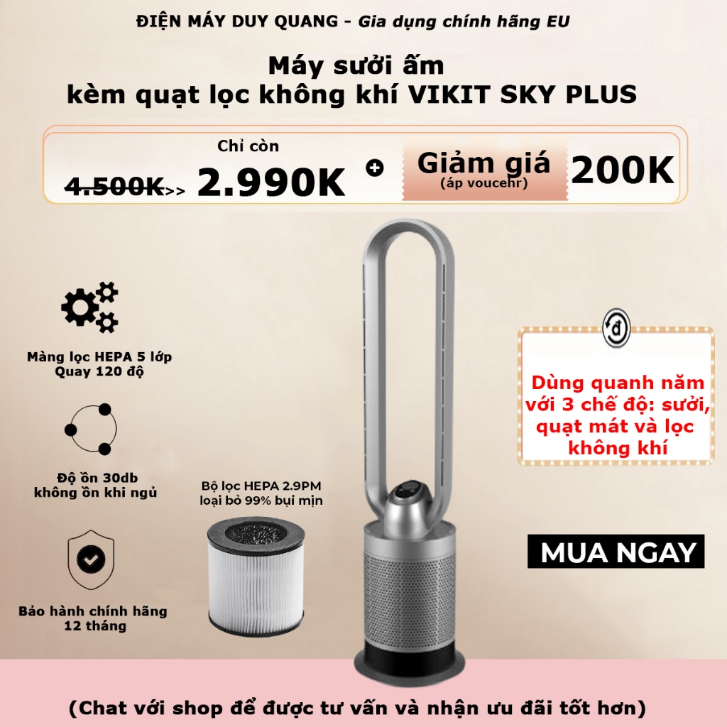 Máy sưởi ấm phòng ngủ kèm lọc không khí VIKIT SKY PLUS điều khiển từ xa bảo hành chính hãng 12 tháng