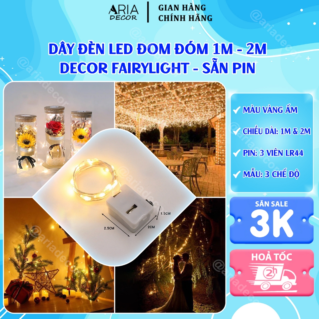 Combo 10/20 Dây đèn led đom đóm 2m nhấp nháy màu vàng nắng có 3 chế độ nháy dùng pin trang trí decor