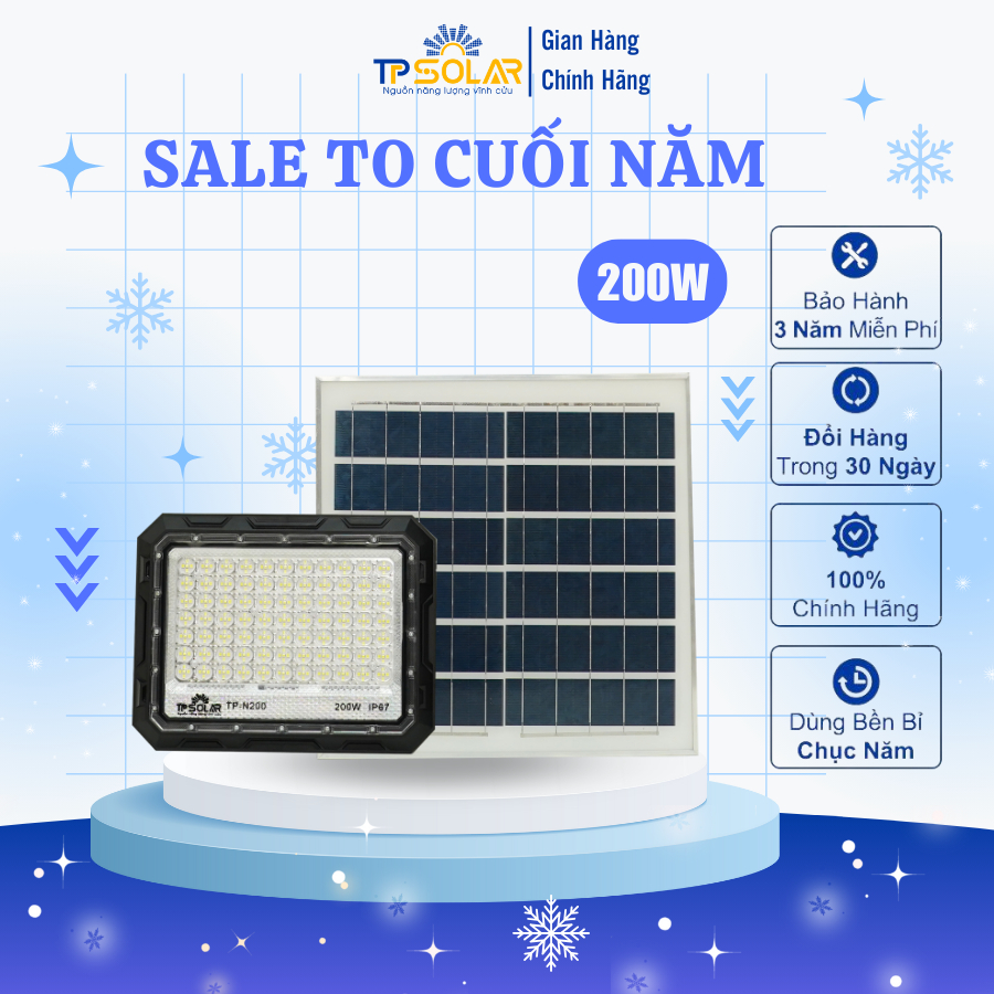 Đèn Pha Chống Chói Năng Lượng Mặt Trời TP Solar TP-N200 Công Suất 200W Cảm Biến Ánh Sáng,Chống Nước IP67, Bảo Hành 3 Năm