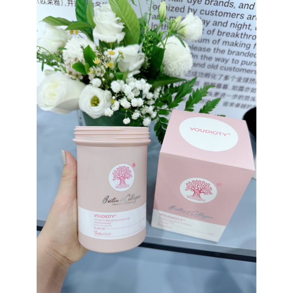 Kem Hấp Ủ Tóc Biotin Collagen Voudioty Màu Hồng Dưỡng Tóc Mềm Mượt, Phục Hồi Tóc Khô Xơ Hư Tổn