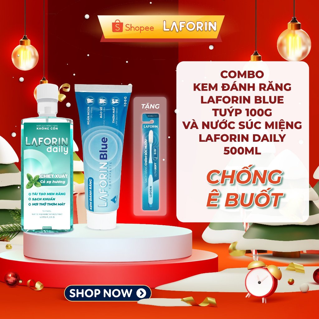 Combo chống ê buốt bao gồm kem đánh răng Laforin Blue tuýp 100g và nước súc miệng Laforin Daily 500ml