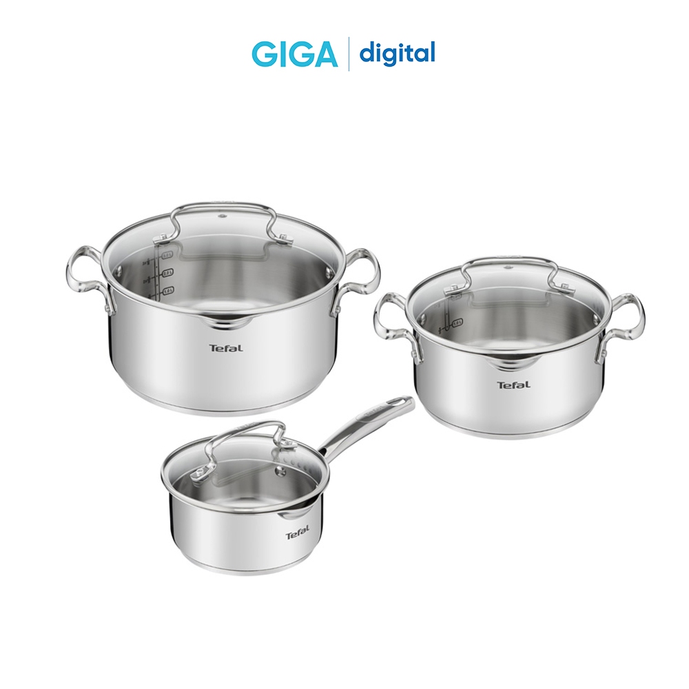 Bộ nồi quánh inox nắp kính Tefal Duetto Plus G719S674 - Quánh 16cm, Nồi inox 20cm, Nồi inox 24cm