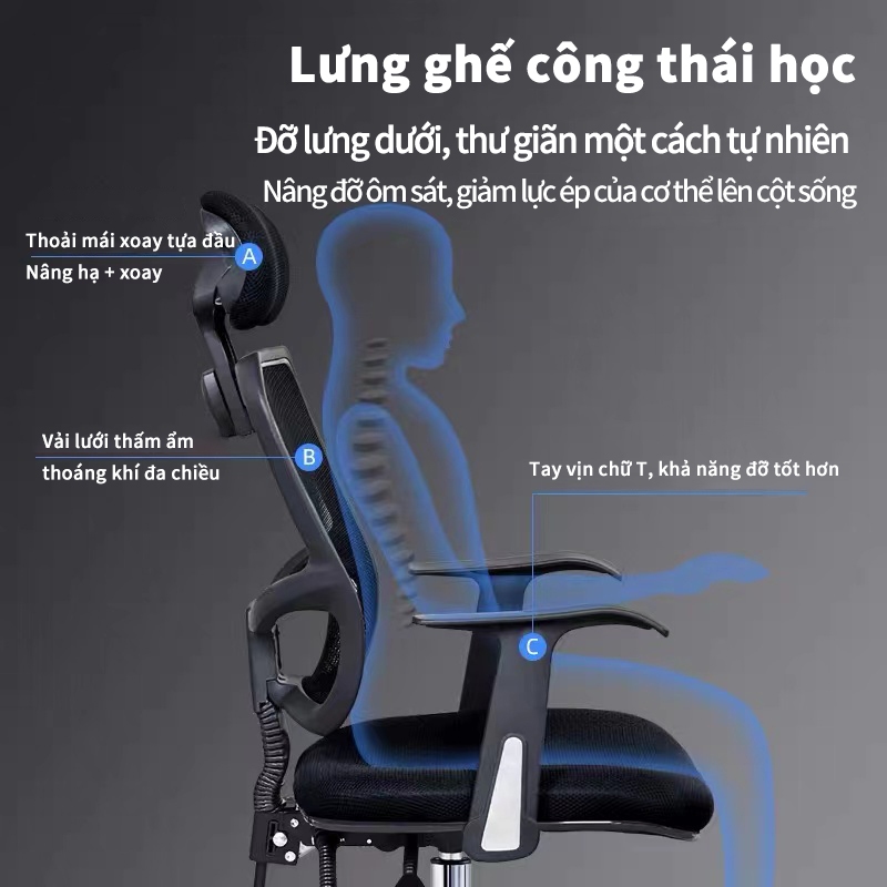 Ghế Xoay Văn Phòng Tựa Đầu, Ghế Văn Phòng Chân Xoay Lưng xương cá, ngả lưng gật gù, thư giãn êm ái - | BigBuy360 - bigbuy360.vn