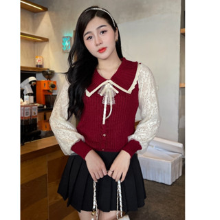 Áo len nữ điệu tiểu thư cổ nơ phối tay ren 2 lớp - áo len tiểu thư nhẹ nhàng siêu xinh