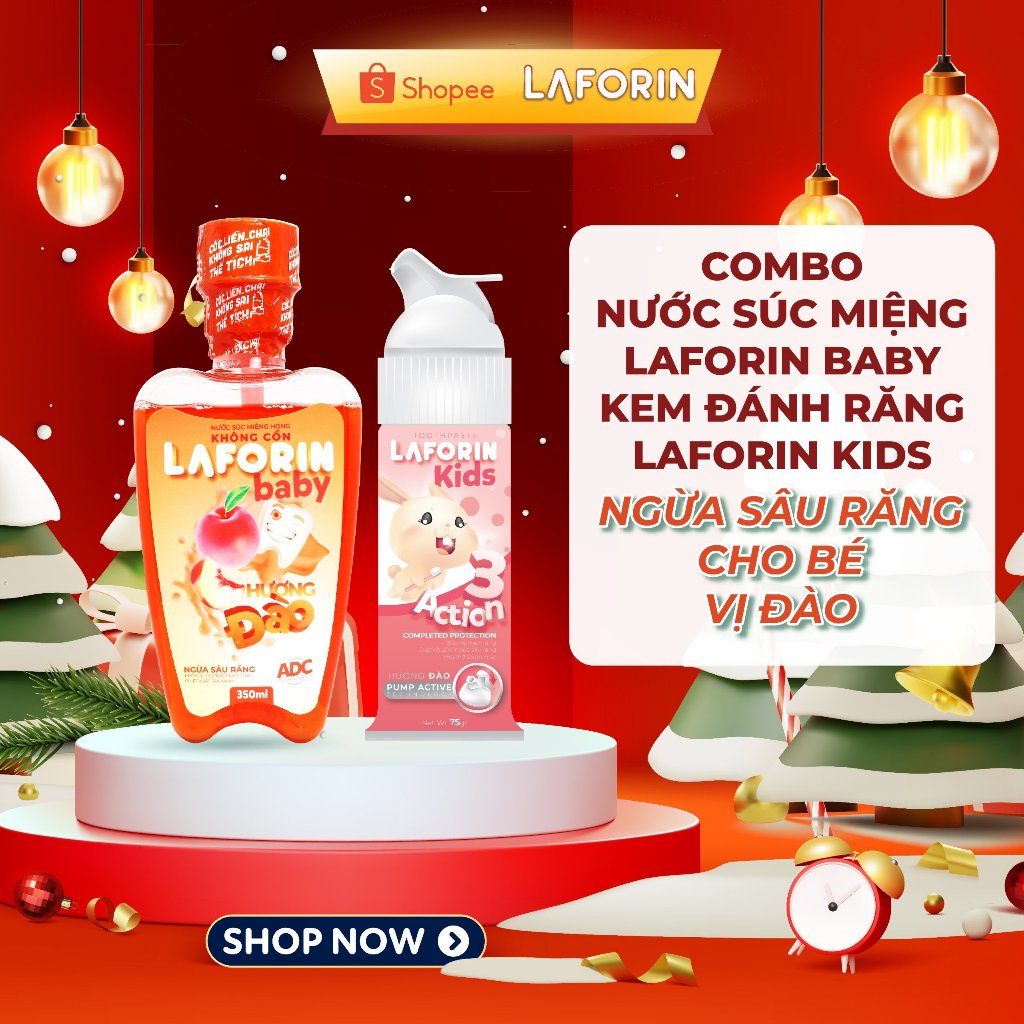 Combo nước súc miệng Laforin Baby, kem đánh răng Laforin Kids hương đào sâu răng cho bé 350ml/75g