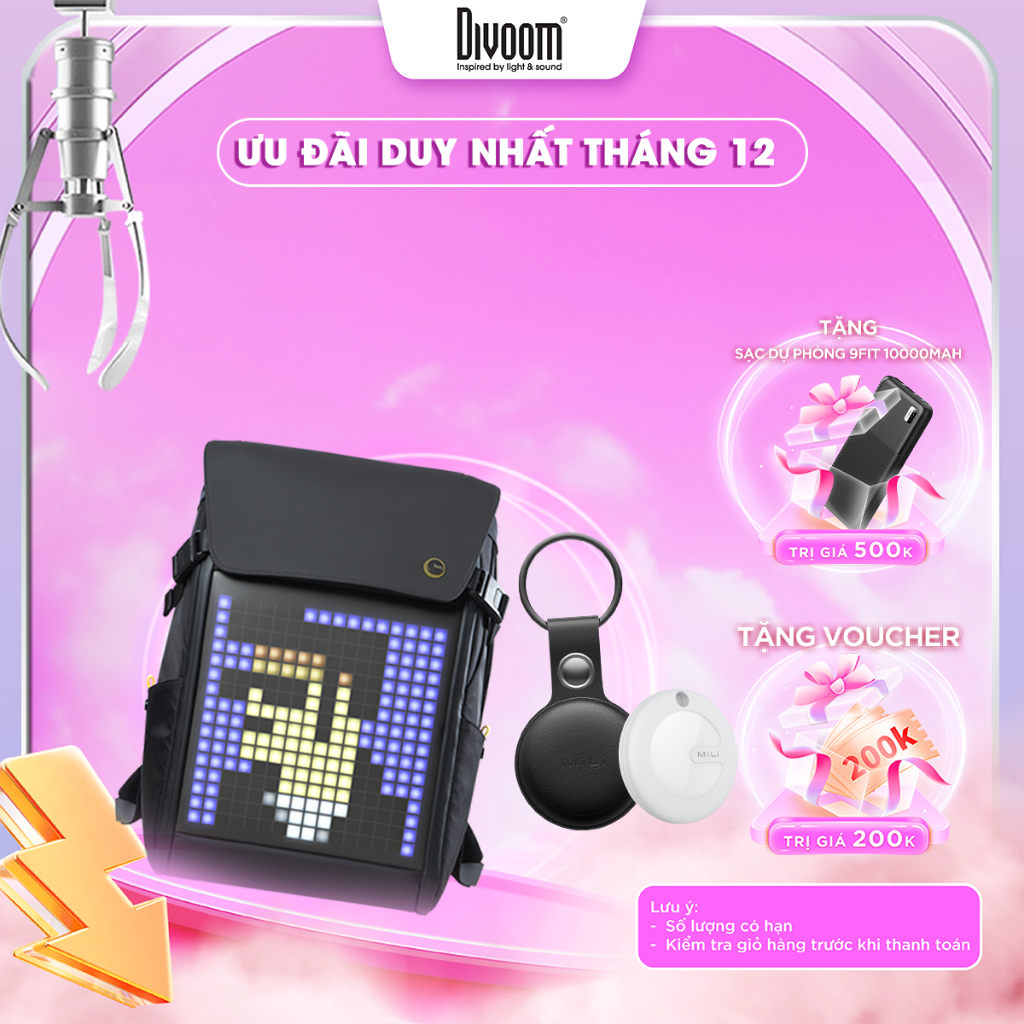 Combo Balo Divoom Backpack-M hiển thị màn hình LED và Thiết Bị Định Vị MiTag HD-P16