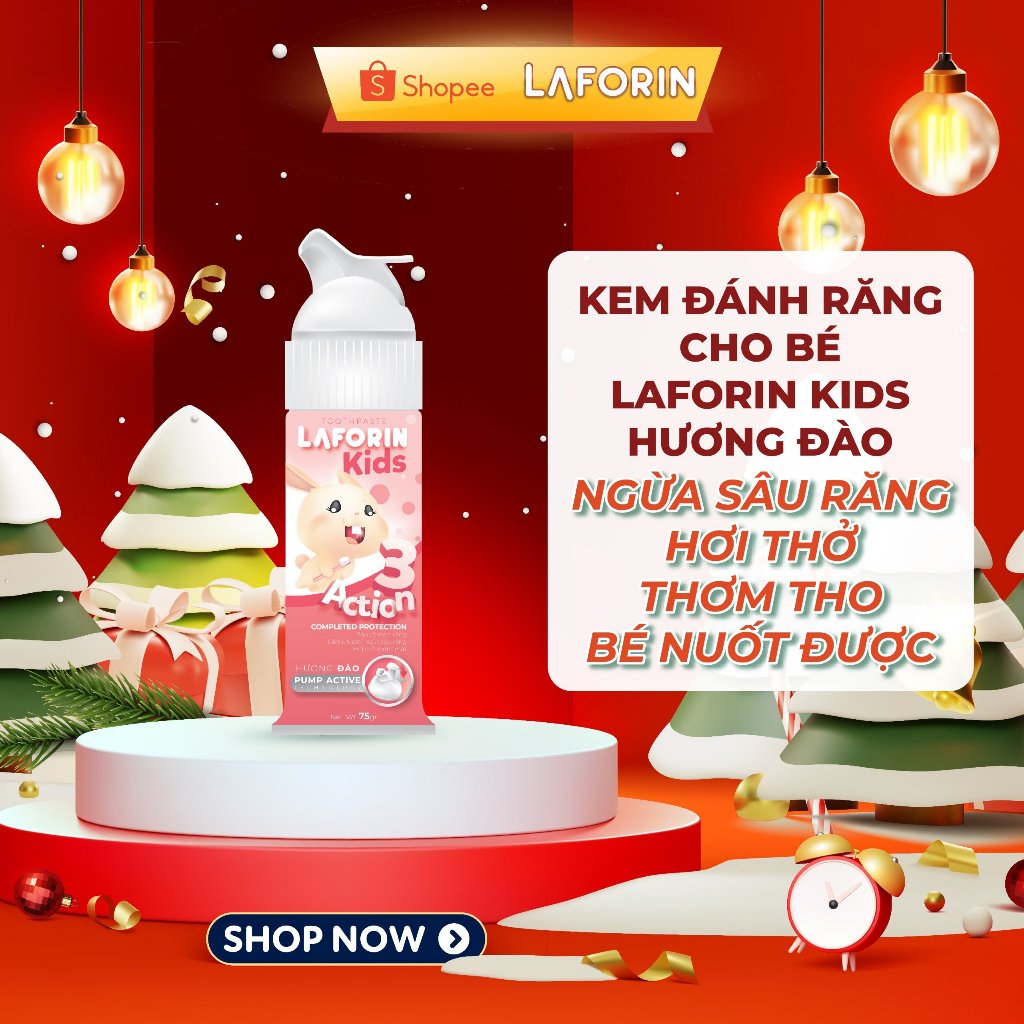 Kem đánh răng cho bé Laforin Kids hương đào giúp làm sạch mảng bám ố vàng, bảo vệ men răng nuốt an toàn