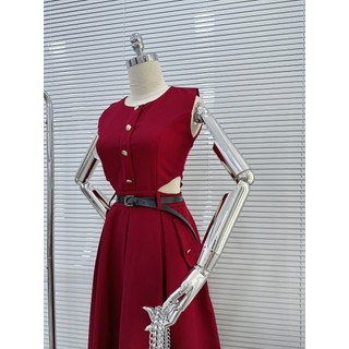 Maxi Đỏ Khoét Hở Eo JARI - CLOTHES  Xếp Ly Kết Nút Kèm Nịt Dành Cho Bạn Gái
