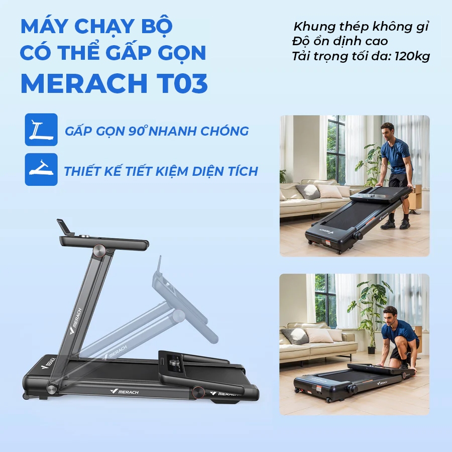 Máy Cháy Bộ Gấp Gọn Merach MR T03 Tải Trọng 120kg Đồng Hồ Tích Hợp , 14km/h Không Gây Ồn Có Kết Nối Ứng Dụng Tập Luyện