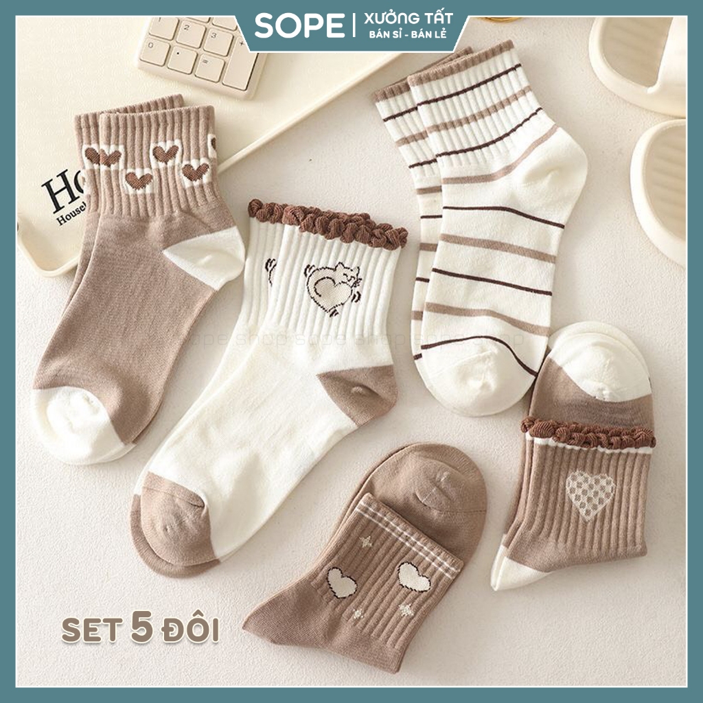 Tất vớ nữ cổ cao bèo nhún họa tiết thêu sắc nét, chất liệu cotton co giãn thoáng khí - Sope Shop