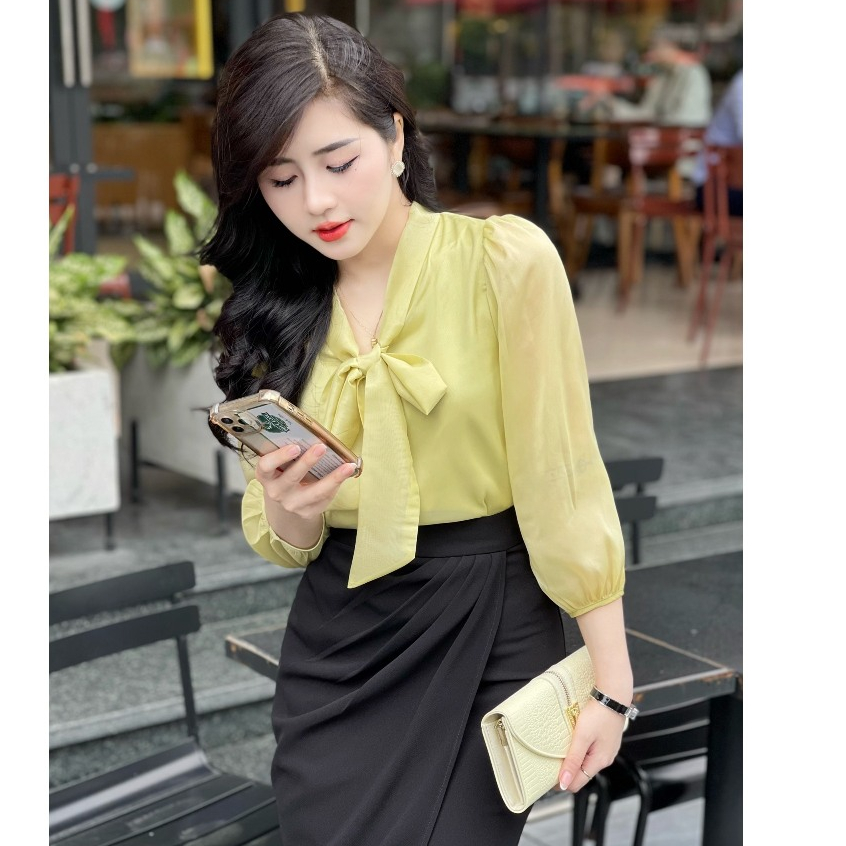 Áo sơ mi nữ lụa tơ phối cổ thắt nơ mềm mại phong cách tiểu thư