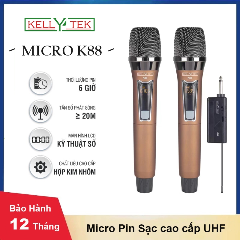 Bộ Micro Không dây Karaoke KELLYTEK K88 PIN SẠC, RESET TĂNG GIẢM ÂM LƯỢNG, Chính hãng, hút âm, chống hú