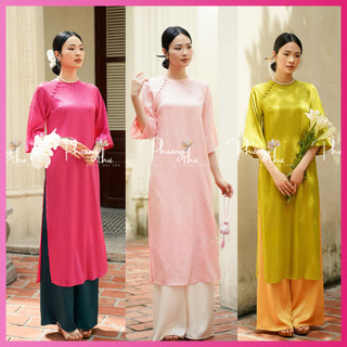 Áo dài gấm cách tân nữ dáng suông, áo dài gấm tơ cao cấp cổ tròn phối cúc bọc xinh, phù hợp lễ tết