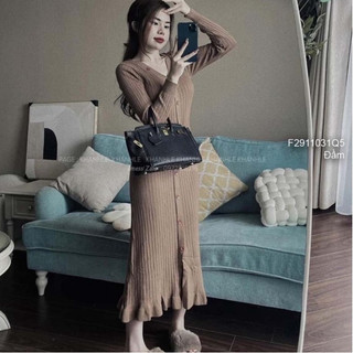 Đầm thun tăm ôm body nút phối lai bèo cổ tim tay dài thời trang!