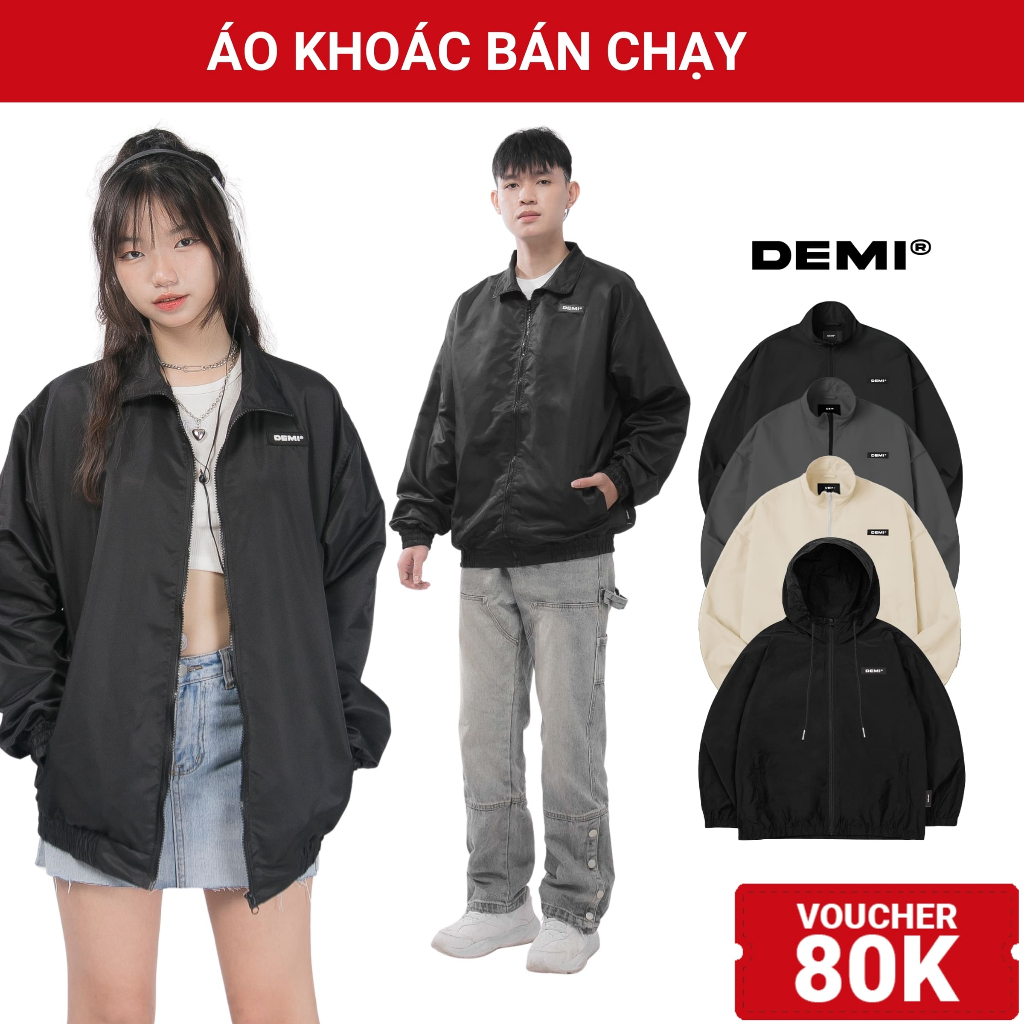 Áo khoác dù 2 lớp form rộng giá rẻ DEMI nam nữ cổ trụ, có mũ local brand màu đen,be,xám| DE-AK56, DE-AK60