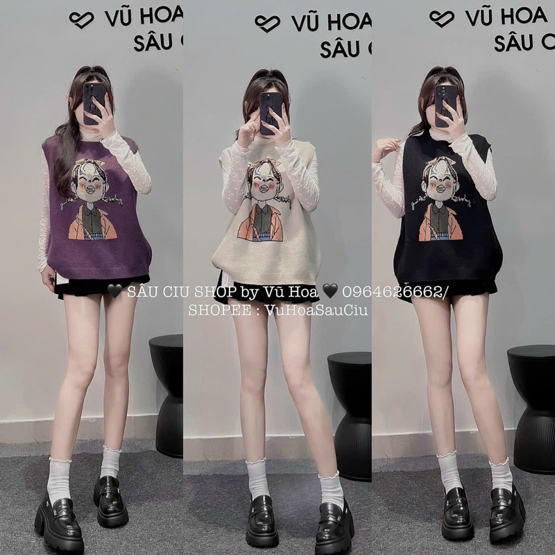 Áo len gile hình cô gái buộc tóc nhiều màu siêu xinh
