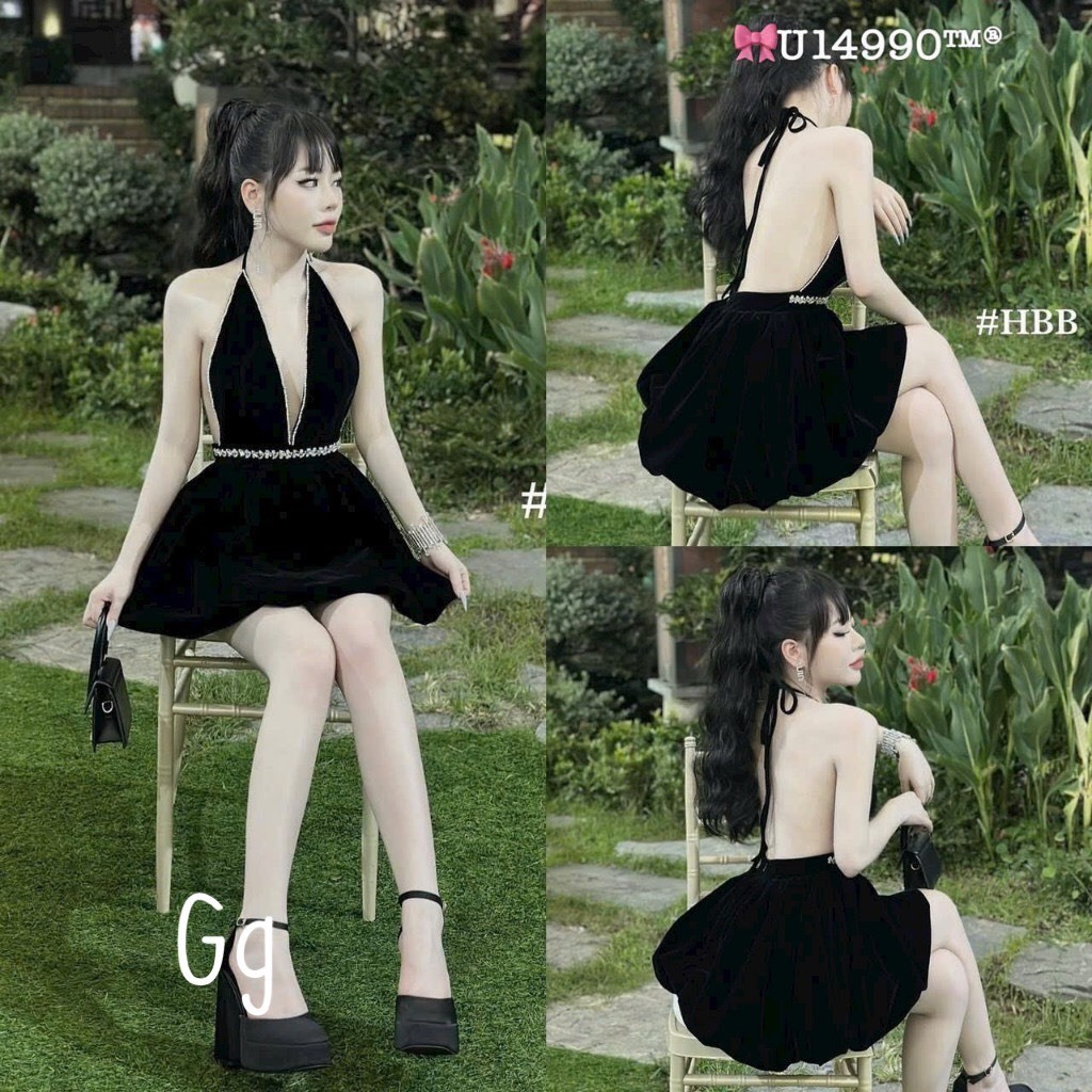 Đầm bí đỏ viền đá mặc noel tết hở lưng cổ yếm có mút dáng ngắn sexy quyến rũ