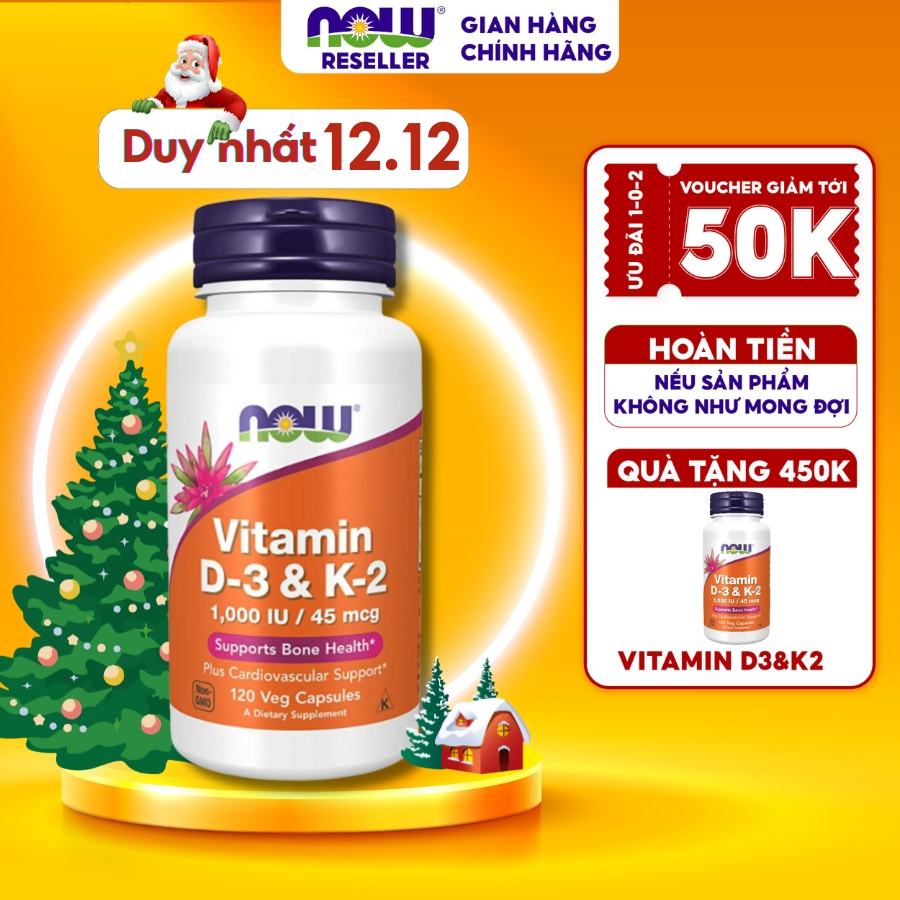 Vitamin D3 K2 Now 1000IU 45mcg hỗ trợ xương chắc khỏe, cải thiện sức mạnh cơ bắp của Mỹ 120 viên