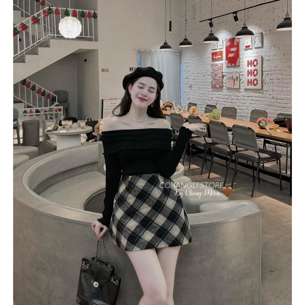 SET ÁO BẸT VAI CUỐN BIÊN TAY DÀI GÂN TĂM + CHÂN VÁY CARO 2 MÀU