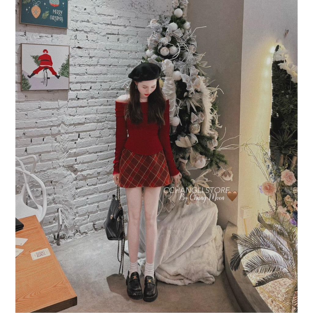 SET ÁO BẸT VAI CUỐN BIÊN TAY DÀI GÂN TĂM + CHÂN VÁY CARO 2 MÀU