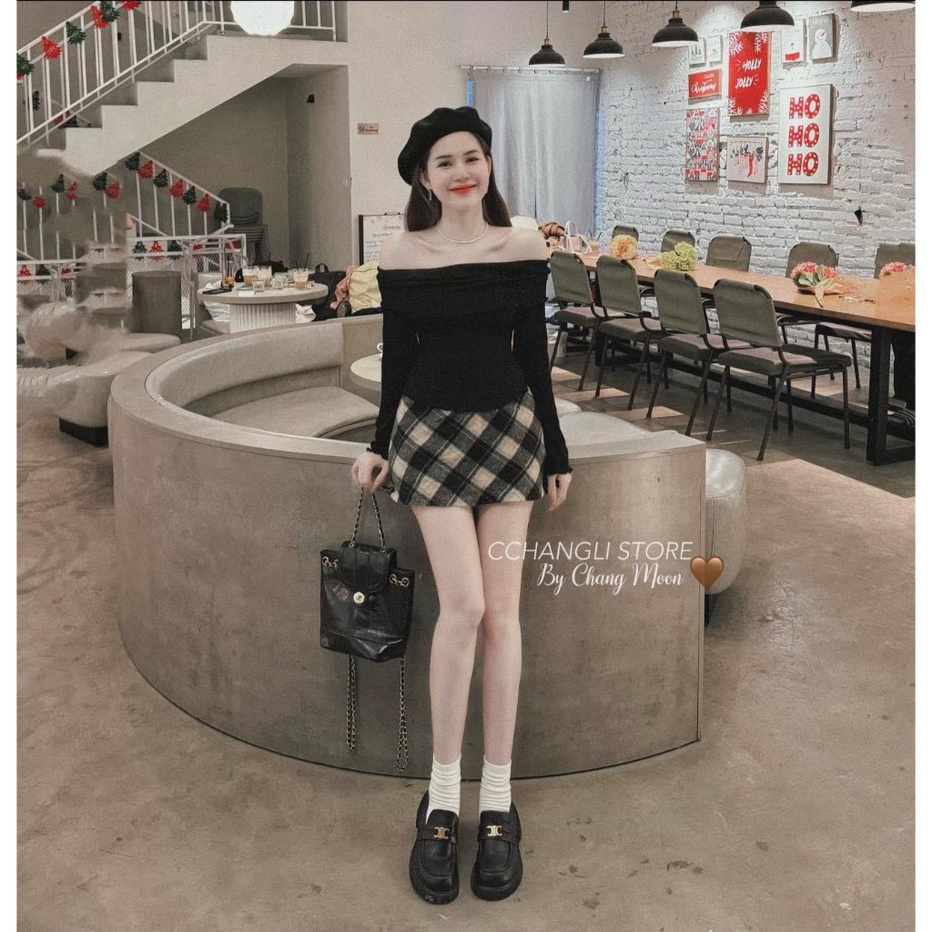 SET ÁO BẸT VAI CUỐN BIÊN TAY DÀI GÂN TĂM + CHÂN VÁY CARO 2 MÀU