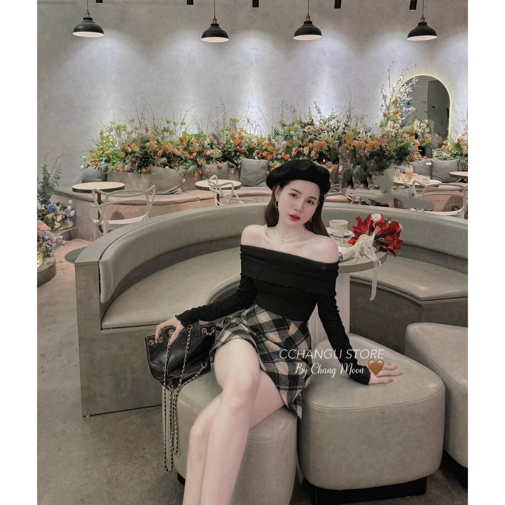 SET ÁO BẸT VAI CUỐN BIÊN TAY DÀI GÂN TĂM + CHÂN VÁY CARO 2 MÀU