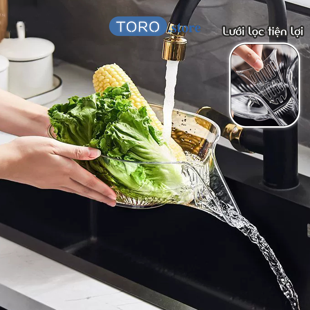 Rổ nhựa rửa rau củ TORO thiết kế phễu thoát nước tiện lợi, Gáo nhựa trong suốt ráo nước chất liệu nhựa PET cao cấp