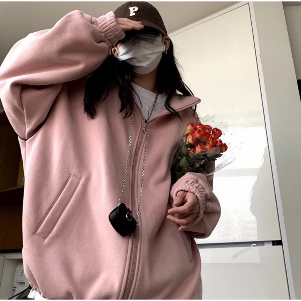 Áo Hoodie Hồng Viền Sọc dây kéo vải nỉ lót bông dày dặn form rộng unisex nam nữ hàn quốc mùa hè