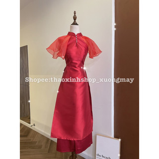 SET ÁO DÀI ĐỎ PHỐI VOAN CỔ TRỤ + QUẦN SUÔNG