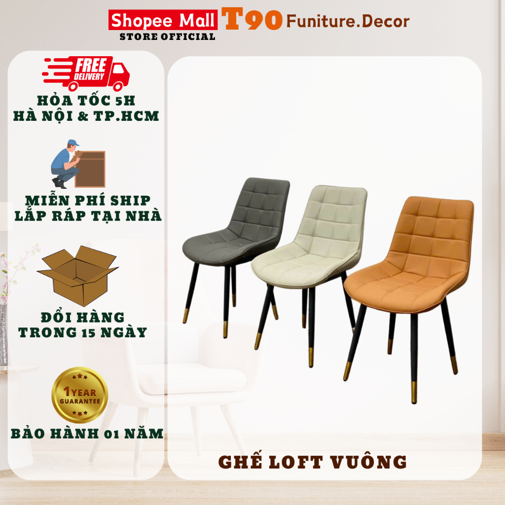 Ghế Ăn T90 Loft Vuông Caro, Bọc Da Pu Cao Cấp, Chân Sơn Tĩnh Điện. Nhập Khẩu Cao Cấp Hiện Đại. Căn Hộ Chung Cư Nhà Phố
