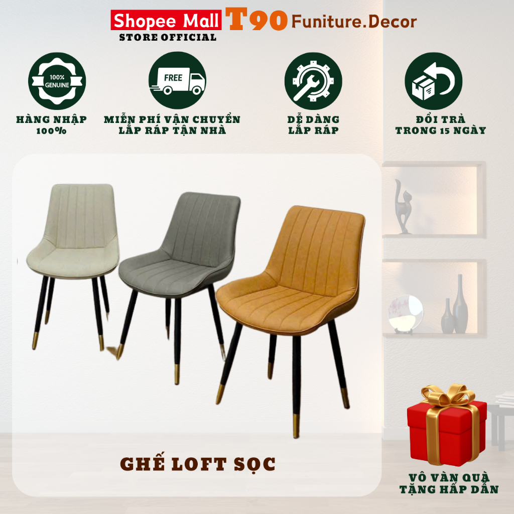 Ghế Ăn T90 Loft Sọc Dọc, Bọc Da Pu Cao Cấp, Chân Sơn Tĩnh Điện. Nhập Khẩu Cao Cấp Hiện Đại Căn Hộ Chung Cư Nhà Phố