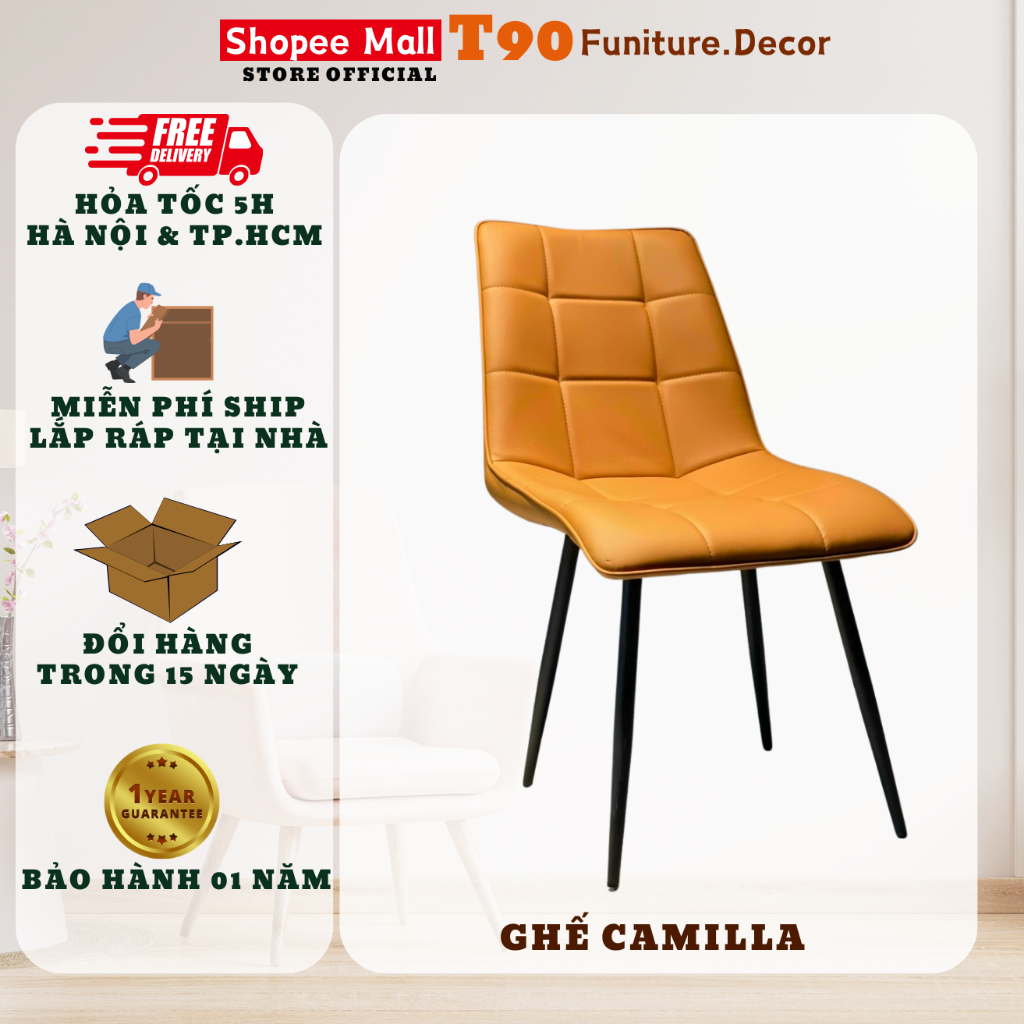 Ghế Ăn Nhập Khẩu T90 Camilla, Bọc Da Pu Cao Cấp Hiện Đại, Chân Sắt Sơn Tĩnh Điện. Phù Hợp Căn Hộ Chung Cư Gia Đình.