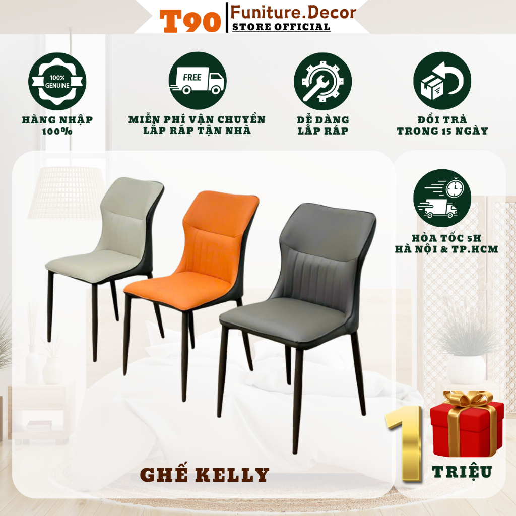 Ghế Ăn T90 Kelly, Bọc Da Pu Cao Cấp, Chân Sắt Sơn Tĩnh Điện. Nhập Khẩu Cao Cấp Hiện Đại. Căn Hộ Chung Cư Nhà Phố