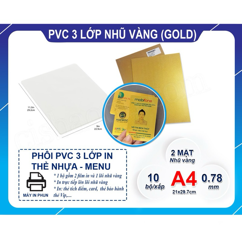 PHÔI THẺ NHỰA IN LÕI- PVC CARD GOLD (VÀNG, TRẮNG), XẤP 10 BỘ A4